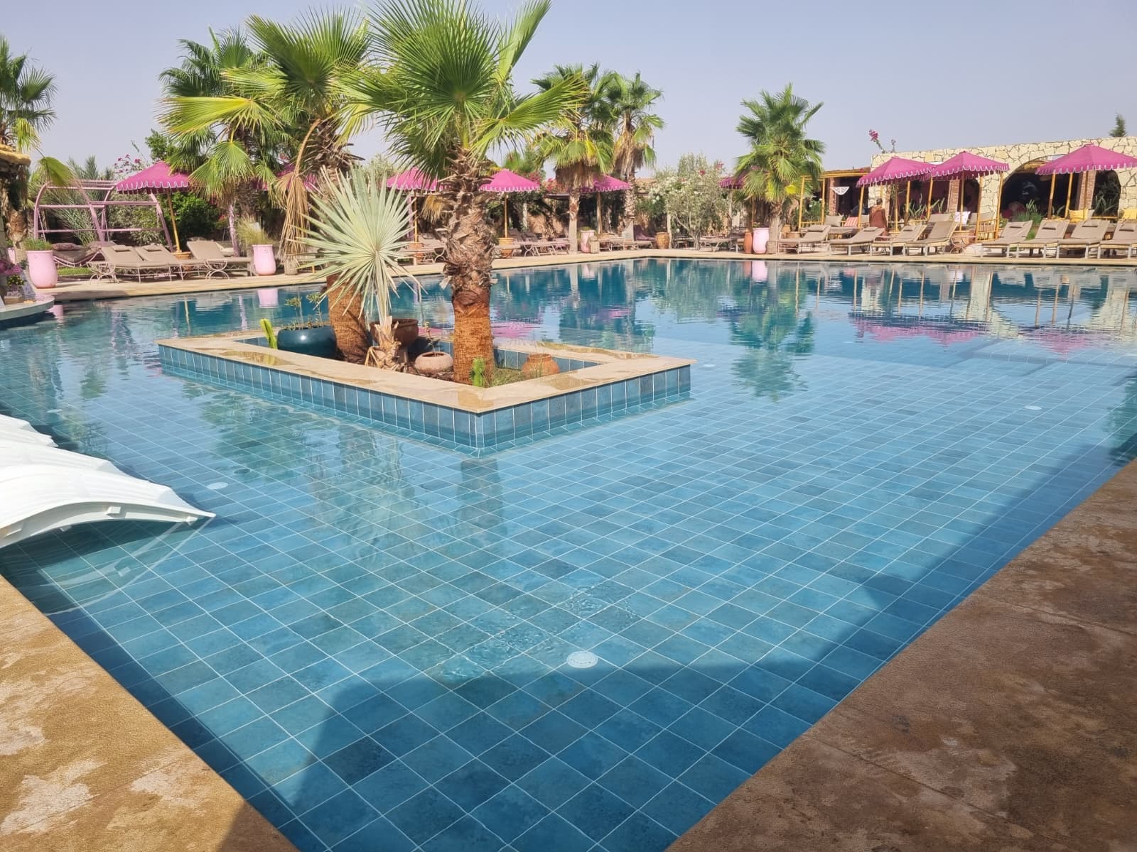 L'îlot de palmiers au centre de la piscine principale