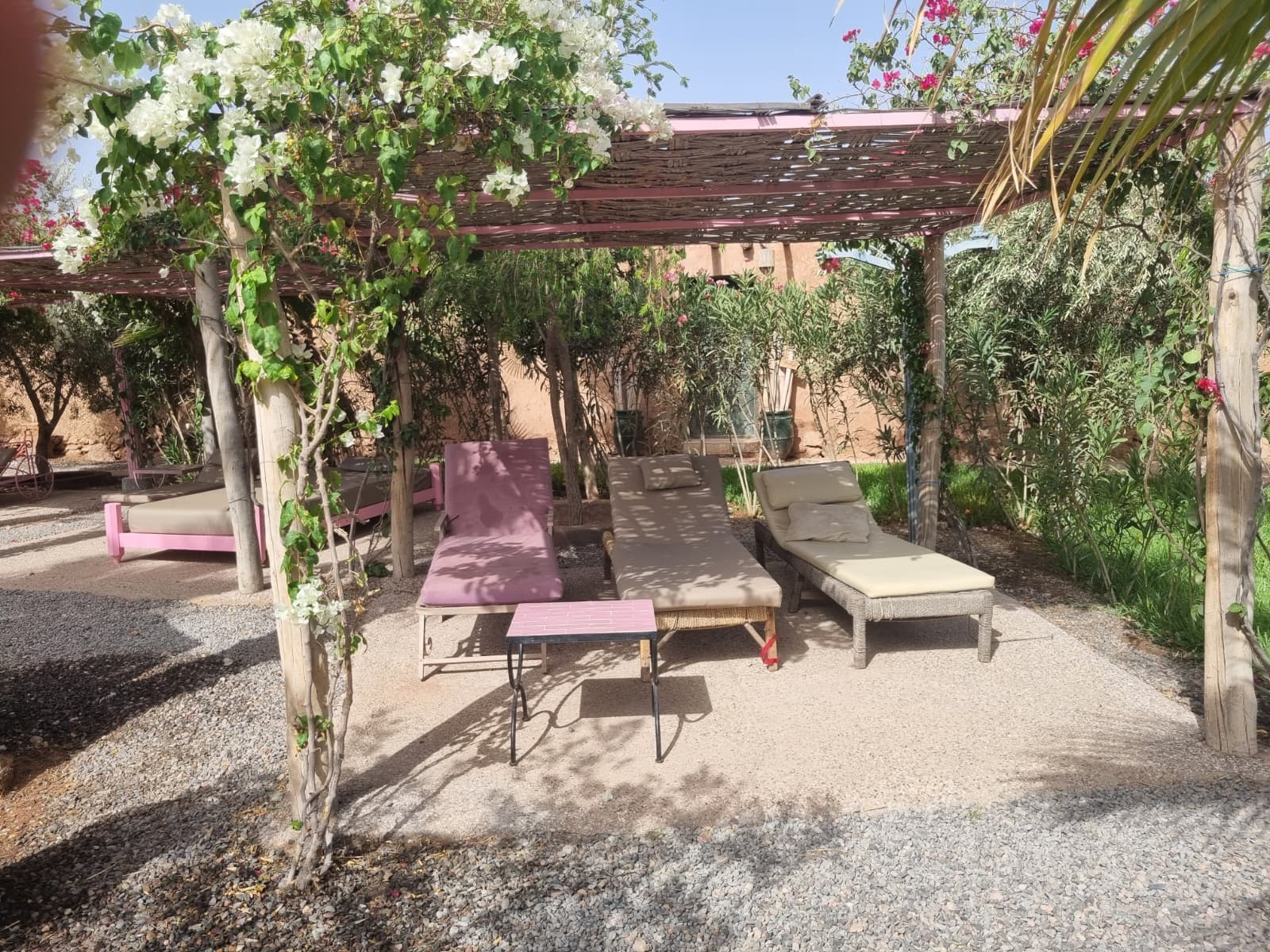 The flowered pergola at La Secret Beach in Marrakech